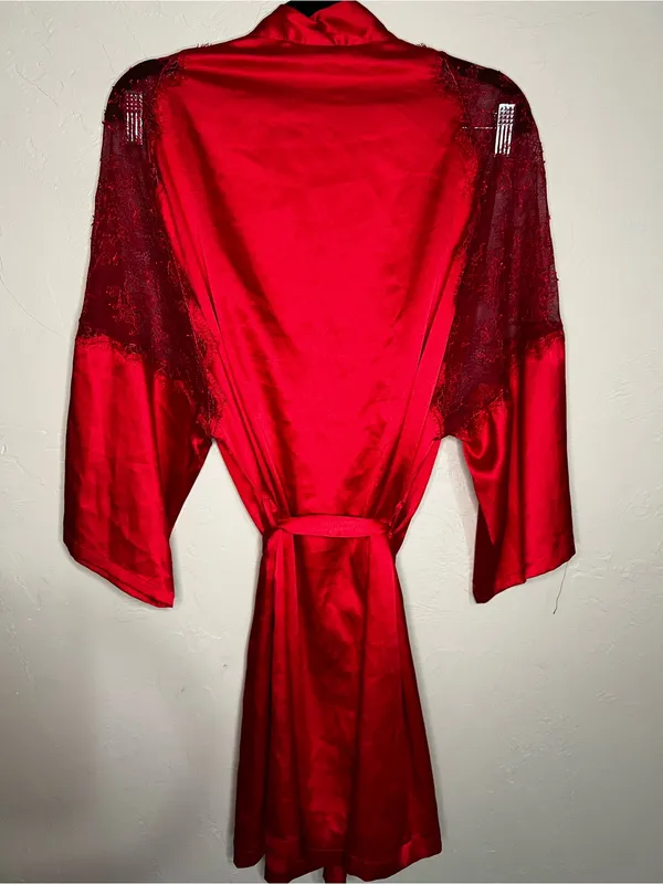 Victoria's Secret Red Satin Lace Chemise Slip Dress & Robe 2 Piece‎ Lingerie Set - Image 16