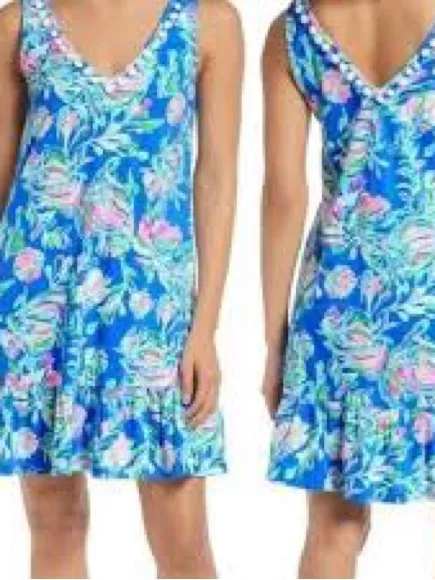 Lilly Pulitzer Camilla Swing Dress Womens L Blue Fancy Fins Pom Pom V-Neck - Image 3