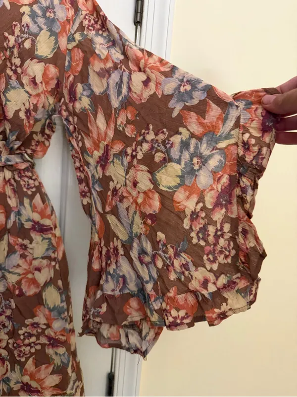 Dress Forum Small Floral Ruffle Midi Dress Brown Boho Long Sleeve - Image 4