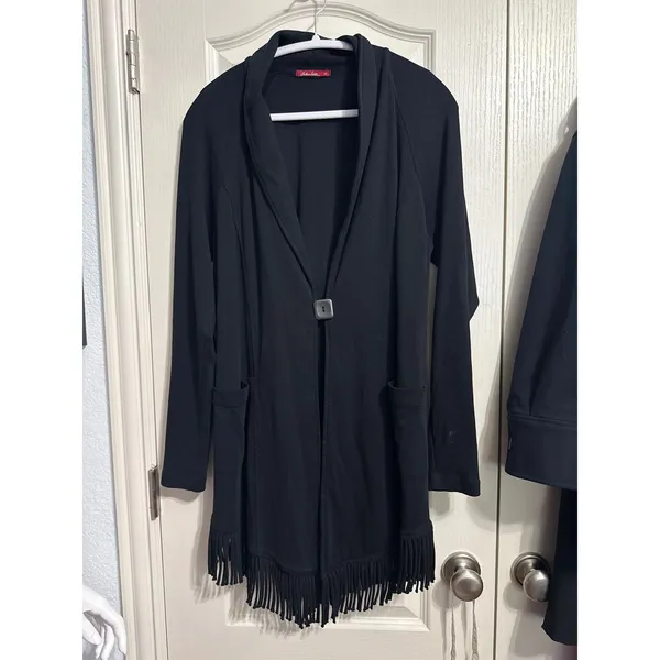 Barbara Lesser Black Fringe Cotton Knit Cardigan Minimalist Cozy Capsule Western - Image 3