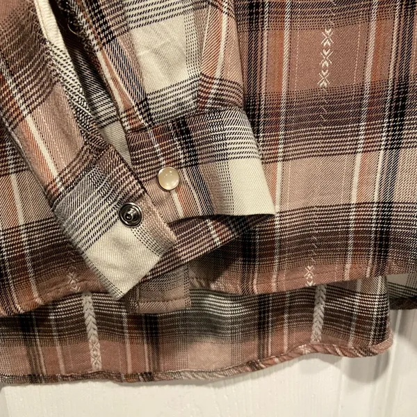 Jane & Delancey Size S Brown Plaid Flannel Western Pearl Snap Front Shirt - Image 6