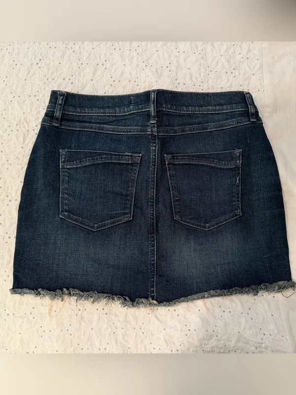 Express Dark Wash Denim Mini Skirt with Frayed Hem - Image 2