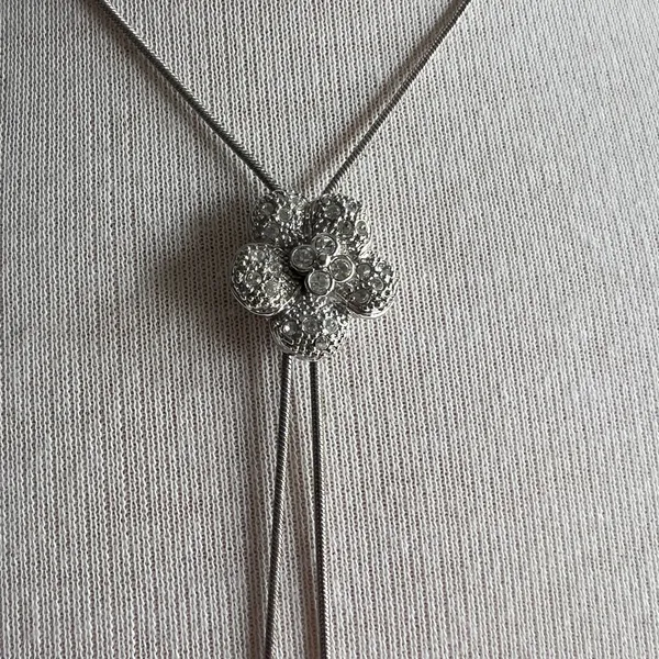Silver Lariat Floral Rhinestone Pendant Bolo Necklace - Image 2