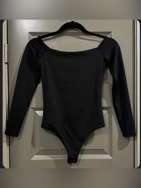Express Off-the-Shoulder Long Sleeve Bodysuit in Black - Image 2