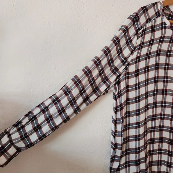 LOFT Autumn Plaid Blouse Softened Roll Tab Sleeve Crew Neck Cream Brown Rayon L - Image 4