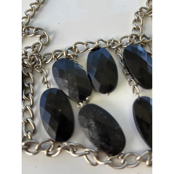 Vintage Statement Necklace Black Silver Tone Chunky Bib‎ Goth Grunge Edgy - Image 2