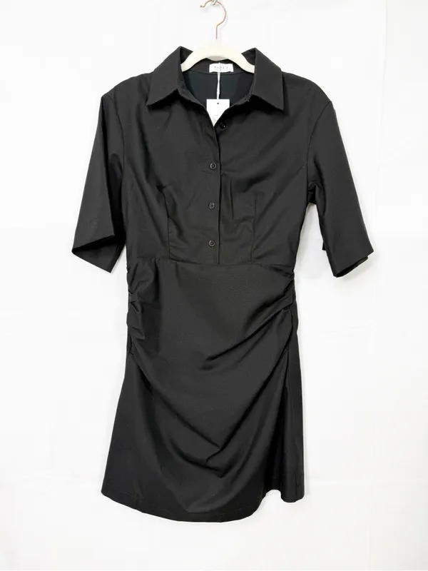 Billy J Sydney Mini Dress Black Linen Collared Ruched - Image 3
