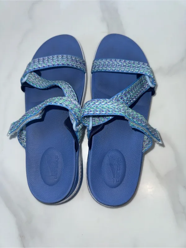 Dansko Light Blue Slide Sandals with Multicolor Woven Straps - Image 5
