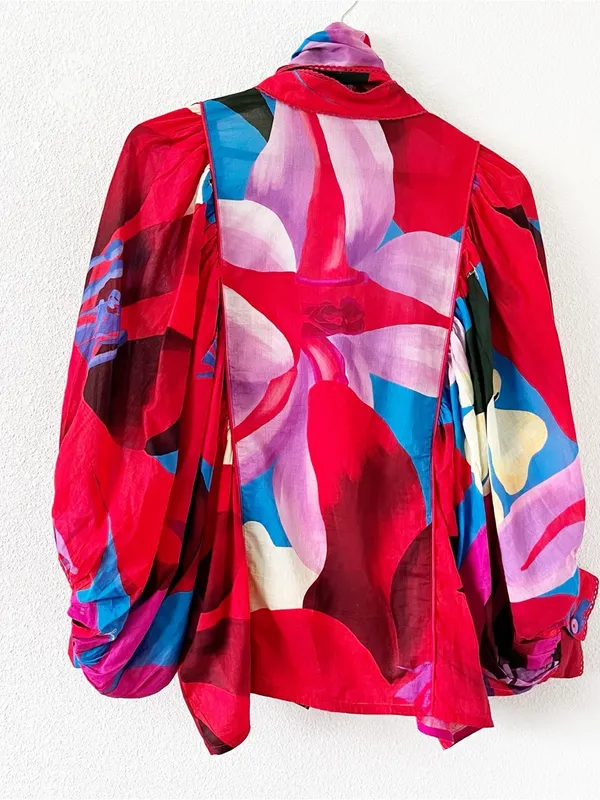 Farm Rio Watercolor Floral Blue Balloon Sleeve Tie Neck Blouse - Image 10