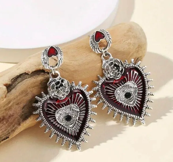 Gothic Punk Love Blood Silver/Red Color Eye Rose Dangle Alloy Drop Earrings - Image 6