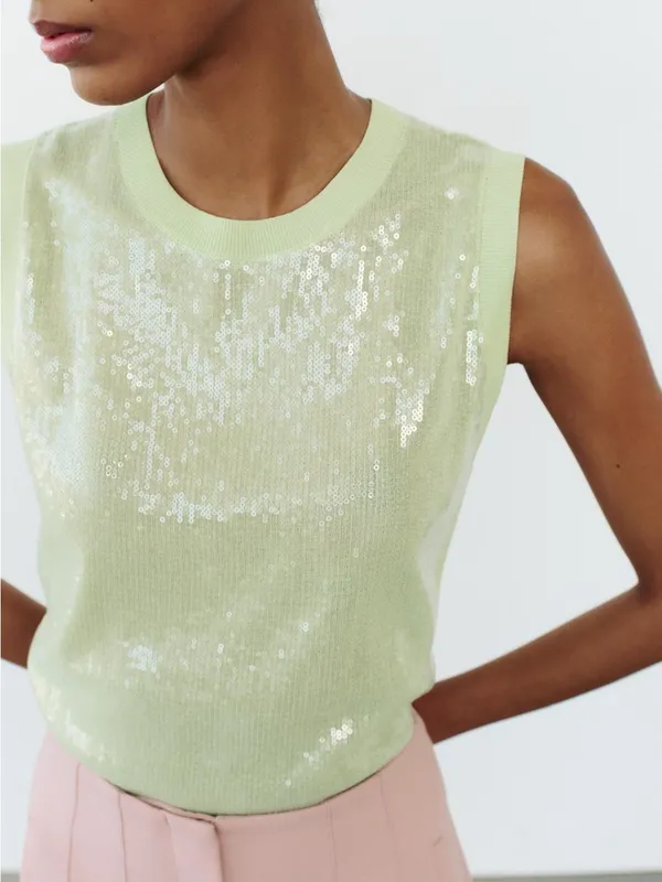 Zara Sequin Knit Sleeveless Top - Light Green - Image 2