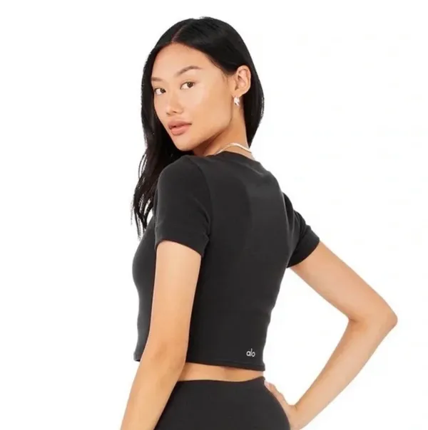 ALO Yoga Black Waffle Ribbed Short Sleeve Crop Top - Image 2