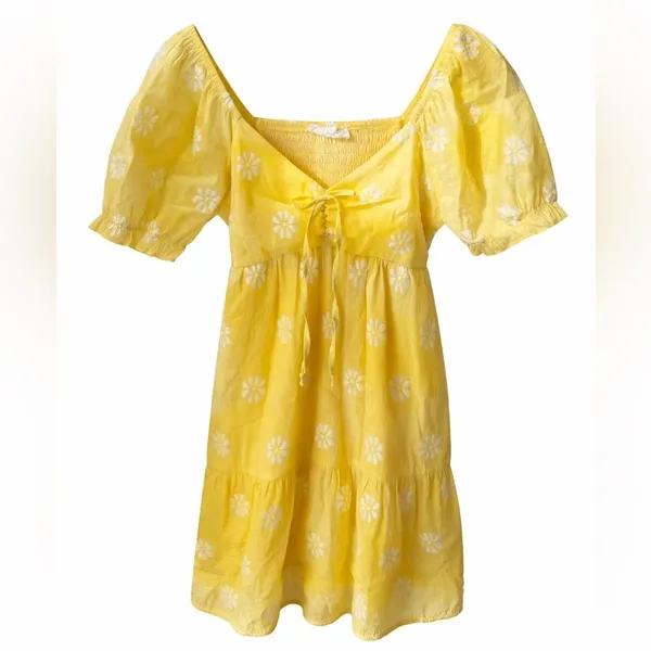 Dee Elly Yellow White Daisy Smocked Puff Sleeve Mini Babydoll Dress - Image 7