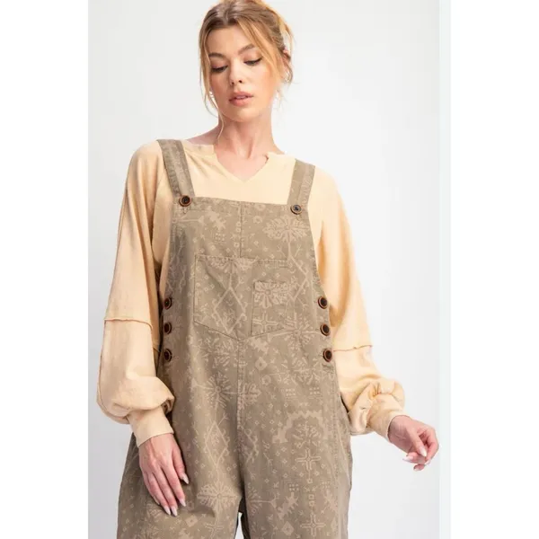 NWT Easel Mocha Ethnic Printed Twill Overall Jumpsuit Overalls Size‎ L Boho - Image 5