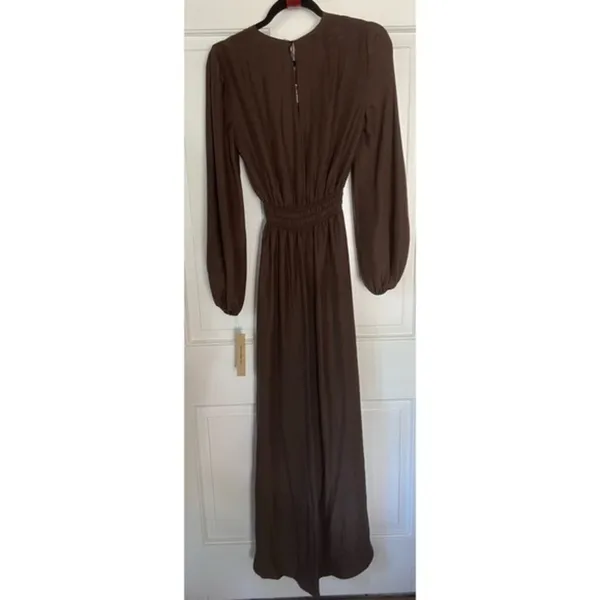 Reformation Rosalina Cocoa Brown‎ Silk Long Sleeve High Low V-Neck Maxi Dress Sm - Image 3