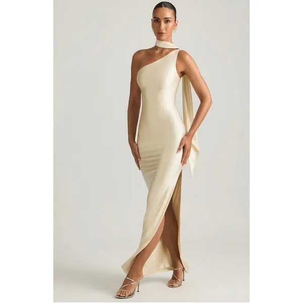 Oh Polly Sheril Asymmetric Scarf-Detail Maxi Dress in Ivory Size 8 New - Image 3