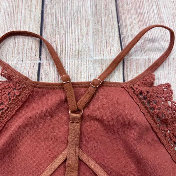 Fornia Rust Ribbed High Neck Lace Trim Cage Back Bralette Crop Top S/M - Image 6