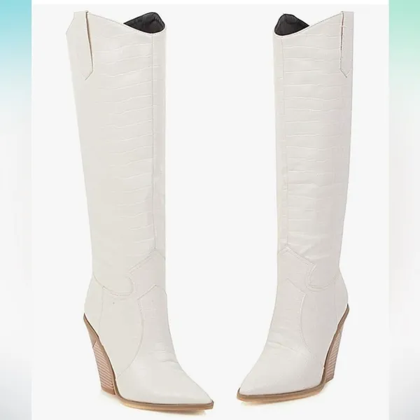 White Croc Embossed Pointed Toe Block Heel Knee High Western Boots, Size 40‎ - Image 2