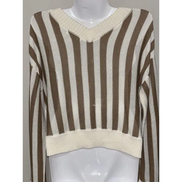 Honey Belle Sweater Womens Med Crop Top Tight Knit Brown & Ivory - Image 7