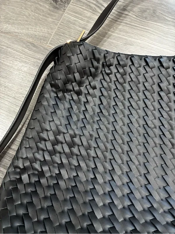 Woven Shoulder Bucket Bag in Black - Image 4