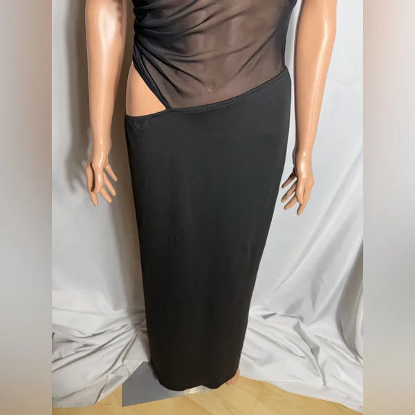 Source Unknown Black Mesh Cutout Maxi Dress Asymmetrical Waist Spaghetti Strap Size M - Image 3