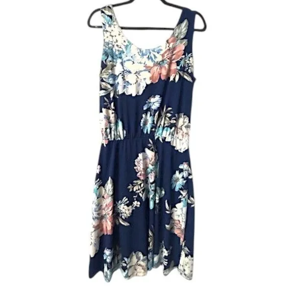 Floral Print Dress S Navy Blue Elastic Waist Stretchy Coquette Cottagecore Beach - Image 2