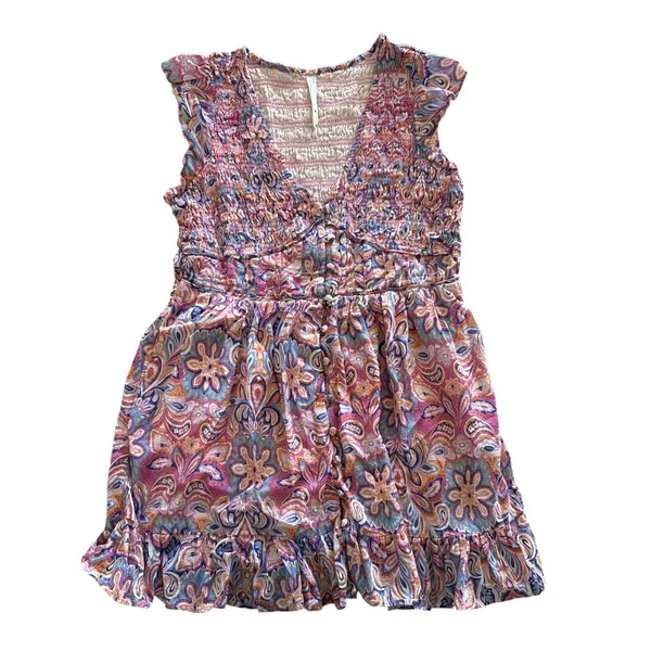 Anthropologie Peregrine Mini Dress Medium Petite Pink Blue Floral Paisley Ruffle - Image 3