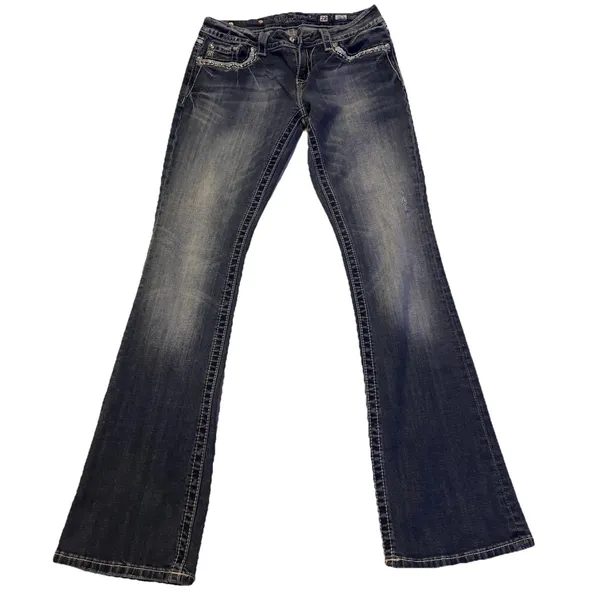 Miss Me Sz 28 STYLE XP 7035B RELAXED Boot Jeans Embellish Dark Blue Distress - Image 10