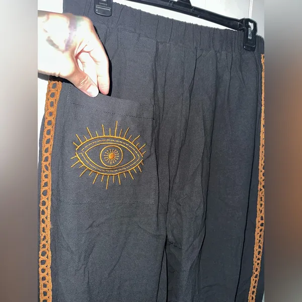 New Evil Eye Boho Wide Leg Pants In Black & Tan Combo - Image 4