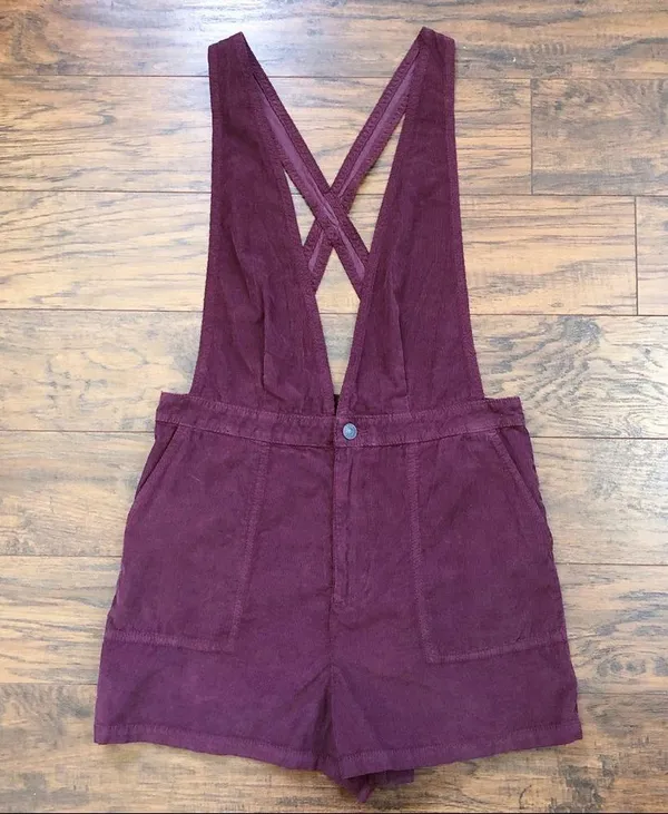 American Eagle • burgundy corduroy overall shorts romper shortalls maroon romper - Image 3