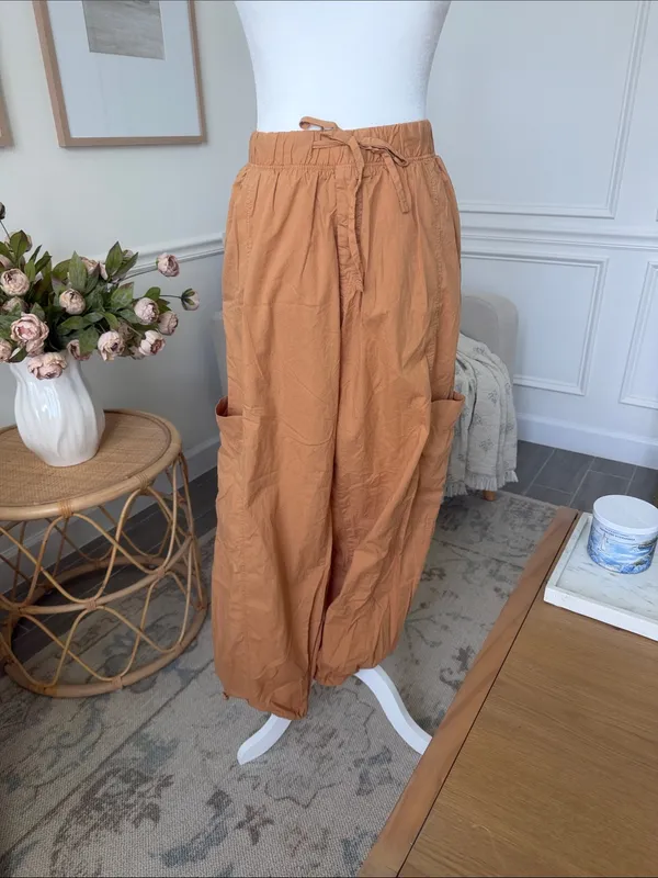 Rip Curl South Bay Cargo Pants Cotton Poplin Drawstring Utility Tan L - Image 9