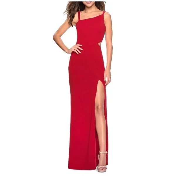 La Femme Gown Size 4 Red Asymmetrical Neck Strappy Back High Slit Evening Formal - Image 3