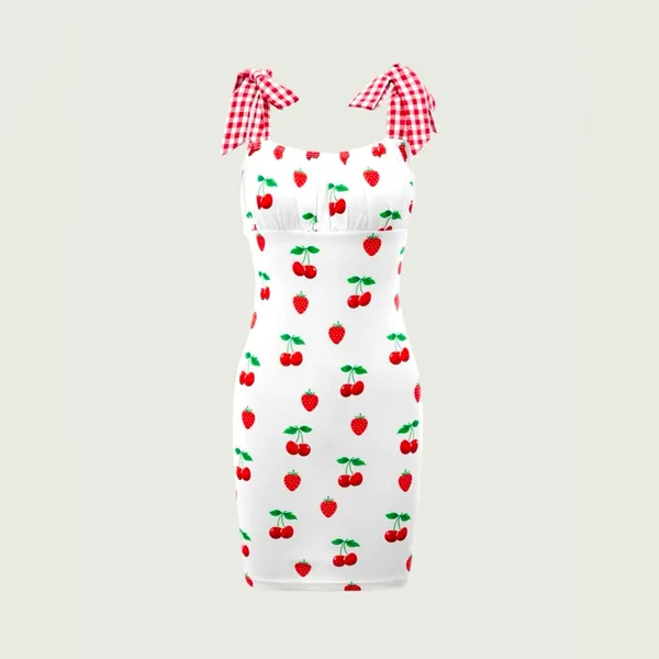 💜Retro Strawberries & Cherries Gingham Strap Dress - Image 6