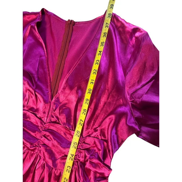 Magenta Pink Satin‎ Long Sleeve Ruched V-Neck Mini Dress S/M - Image 6