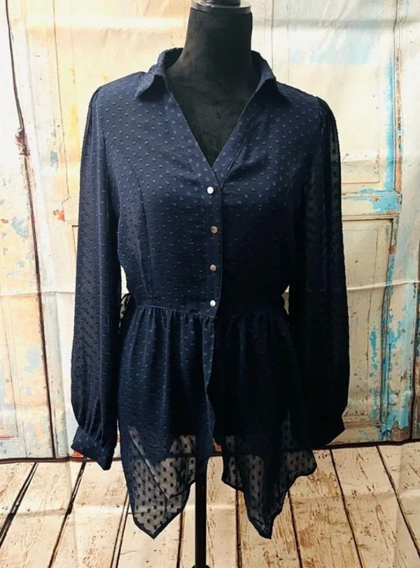 Women’s Long Sleeve Sheer Button Down Blouse Navy Size Large - Image 4
