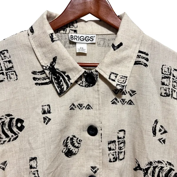 Vintage Briggs Women‎ Coastal Grandma Nautical Top 2X Beige Fish Artsy Print - Image 3