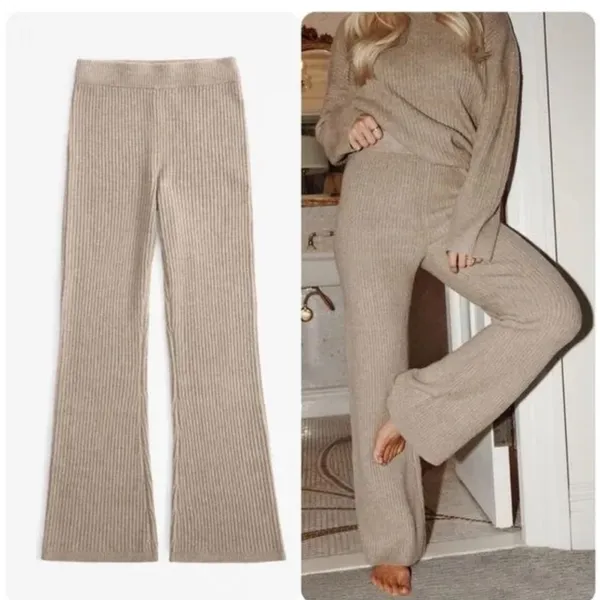 Abercrombie XXL Knit Pants Kathleen Post Ribbed Wide Leg Tan High Rise Cozy NEW - Image 2