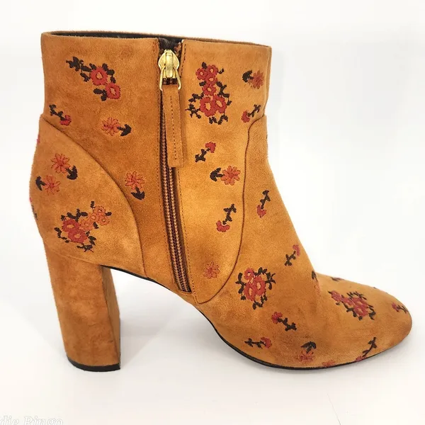 Bocage Cognac Suede Floral Embroidered Ankle Booties Block Heel EU 40 (US 9) - Image 5