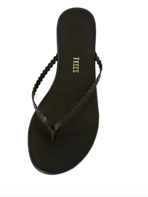 TKEES Black Leather Scalloped Thong Sandals, Size 9 - Image 2