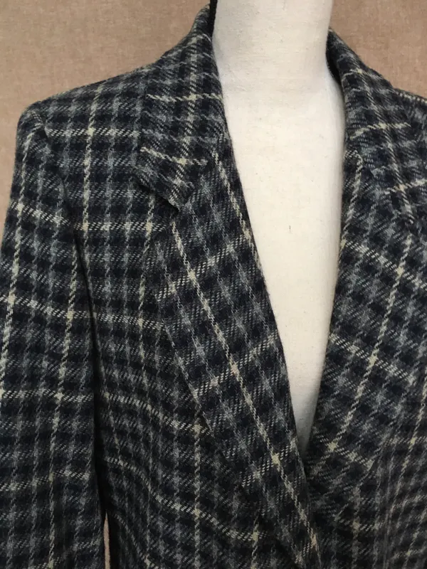 Eddie Bauer Wool Check Long Blazer Jacket Cream Navy Blue M Academia - Image 9