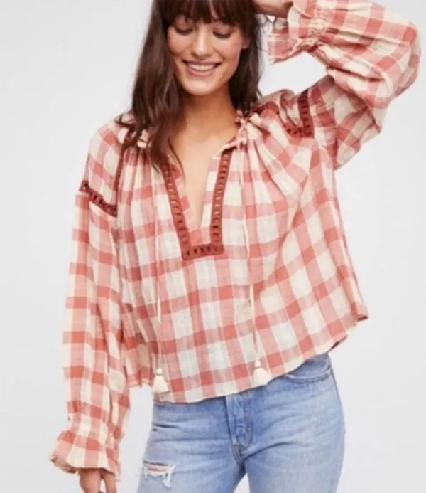 Free People Honey Grove Plaid Top Pink - Image 2