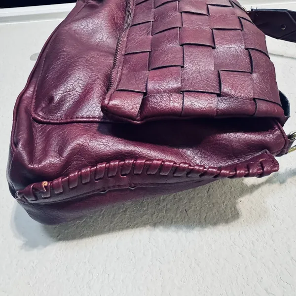 Burgundy Vegan‎ Leather shoulder bag woven flap purse slouchy hobo whipstitch - Image 3