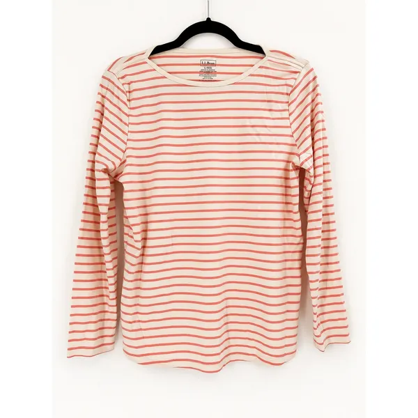 L.L. Bean Striped Tee Womens L Orange White Supima Cotton Long Sleeve Coastal - Image 2