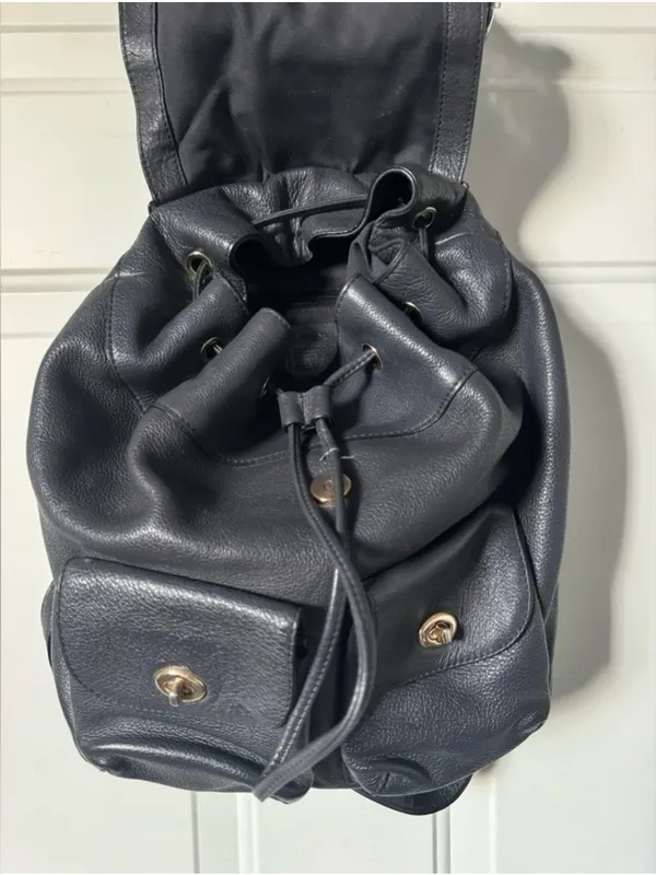 Coach Navy Blue Pebbled Leather Drawstring Billie Backpack with Gold Hardware - Image 3
