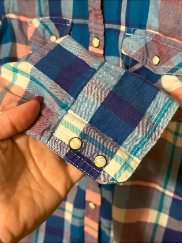 American Eagle Plaid Flannel Snap Button Front Shirt Blue Pink Women's Small - Image 7