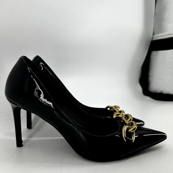 Jeffrey Campbell Pump Heels Stiletto Gold Chain Pointed Patent Leather Black 7.5 - Image 2