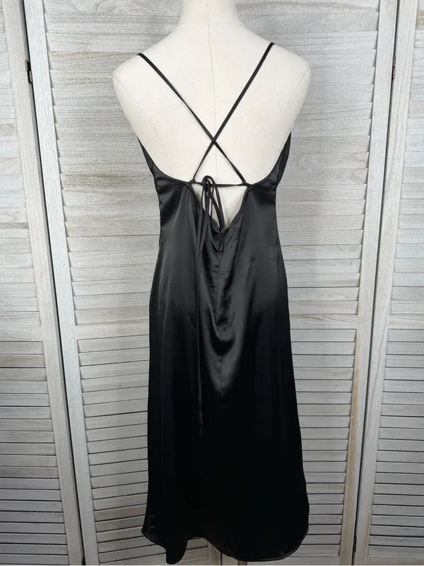 FOREVER 21 Black Satin Drape Neck Slip Dress Strappy Back & Side Slit-Large - Image 3