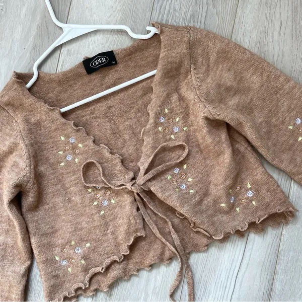 Cider Embroidered Cardigan Sweater Brown medium floral open tie front coquette - Image 5