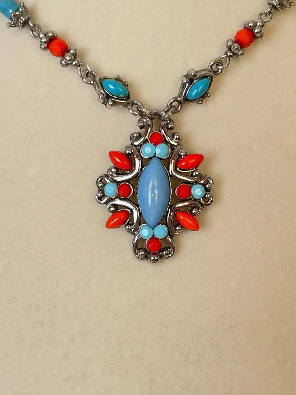 Southwestern Turquoise Coral Style Necklace Silver Tone Statement Pendant Boho - Image 2