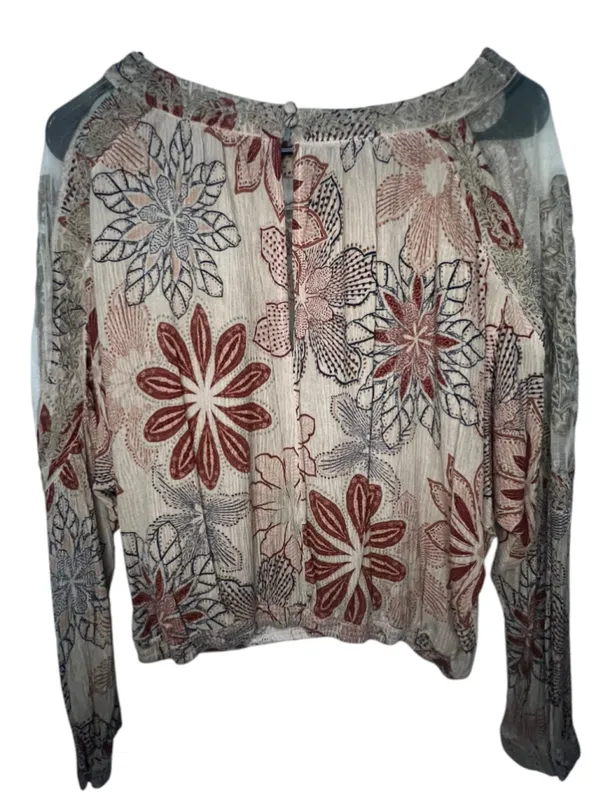 Gimmicks by BKE Floral Mesh Shoulder Boho Slouchy Long Sleeve Blouse - Image 5